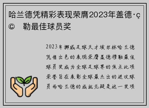 哈兰德凭精彩表现荣膺2023年盖德·穆勒最佳球员奖