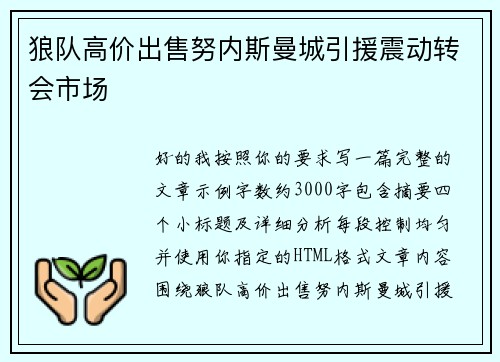 狼队高价出售努内斯曼城引援震动转会市场