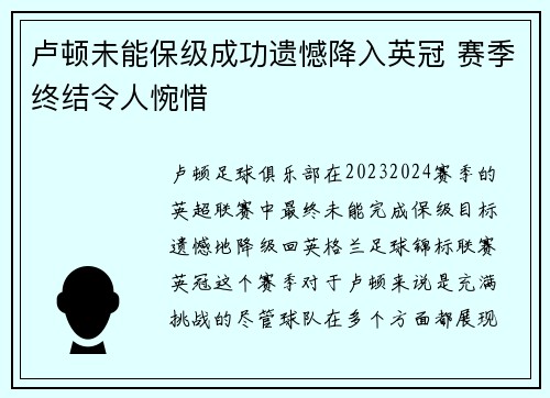 卢顿未能保级成功遗憾降入英冠 赛季终结令人惋惜
